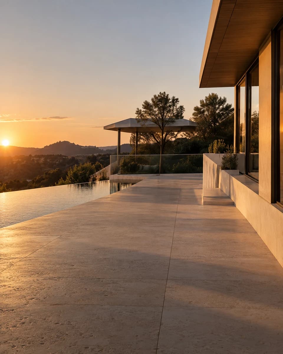 A sunset terrace beside a warm modern pavilion